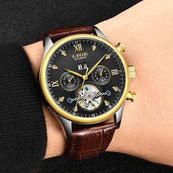 LIGE Prekės Vyrų Laikrodžiai Automatinis Mechaninis laikrodis Tourbillon Sporto Laikrodis, Odiniai Laisvalaikio Verslo Riešo Žiūrėti Aukso Relojes Hombre
