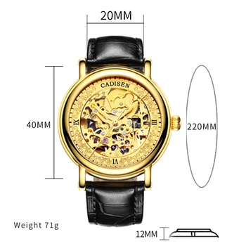 CADISEN Top Brand Vyrų Automatinis laikrodis Prabanga Aukso Tuščiaviduriai Mechaninė Žiūrėti Karinės Verslo Laisvalaikio Vyriškas Vandeniui 5ATM 40MM