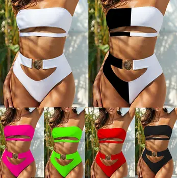 2021 seksualus push-up bikinis kostiumas kultūrizmo maudymosi kostiumėliai, ponios metalo sagtis vamzdžio viršaus tvarstis bikini paplūdimys