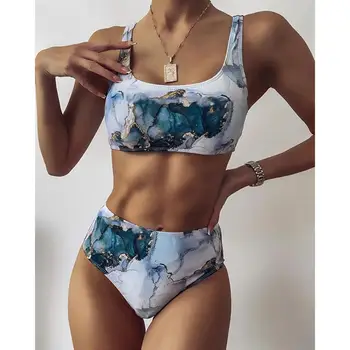 Aukštos Juosmens Bikini 2021 Seksualių Moterų maudymosi kostiumėlį, maudymosi Kostiumėliai, Moterų Marmuro Spausdinti Brazilijos Push up Bikinis Nustatyti Biquini Maudymosi Kostiumas