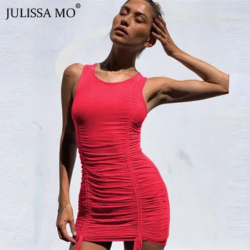 JULISSA MO Seksualus Raišteliu Ruched Dress Moterų Tvarstis Bodycon Mini Suknelės Juoda Berankovė Naktį Clubwear Šalies Vestidos 2020 m.