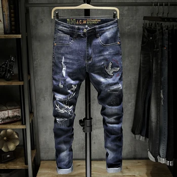 Išsiuvinėti Skylę Animal / Laiškas / Augalų Jeans vyriški slim Kojomis Džinsinio audinio Kelnės Elastinga Asmenybės Šviesą Juodas) Blue (mėlynas Kelnes