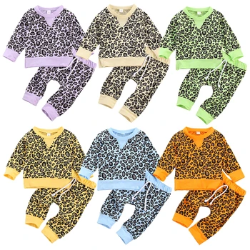 2vnt Bamblys Rudens Komplektai, Leopardas spausdinimui O-Kaklo Ilgą Rankovėmis Viršuje + Elastinga-Juosmens Kelnes, Kūdikių Berniukų, Mergaičių 6 spalvų