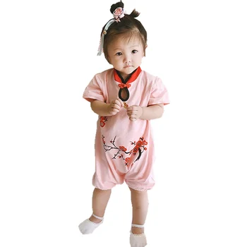 Kinijos Retro Slyvų Modelis Kūdikių, Mergaičių Drabužiai Kinijos Raudona Cheongsam Stiliaus Rompers 0-18 Mėnesių Mergytę Kostiumas