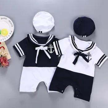 Naujagimio Berniukai Sailor Kostiumai Trumpas Rankovės Romper Nustatyti Vasaros Shortalls Kūdikių Berniukų, Mėlyna Balta Rompers Nustatyti Drabužių