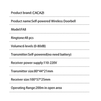CACAZI Ne Baterija Turi Vandeniui Belaidį durų skambutį 200M Nuotolinio Kinetinė Elektroninių LED Šviesos Žiedas Varpas 1 paspauskite Mygtuką+1 Imtuvas