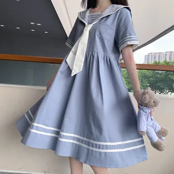 Japoniško Stiliaus Kolegija Stiliaus trumparankoviai Mergina Suknelė Moterų 2020 M. Vasarą Naujų Prarasti Saldus Amžiaus-Sumažinti JK Sailor Apykakle Suknelė