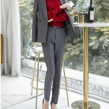 2019 Naujas Slim Rudens-Žiemos Mados Liesas Moterų Antblauzdžiai Kelnės Vienodą Stilių Office Ponios Kelnės Mados Pledas Tinklelis