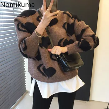 Nomikuma Meilė Širdies Modelis Megztiniai Korėjos Stiliaus Žiemą, Rudenį Ilgomis Rankovėmis Megzti Megztinis Džemperis Naujas Mados Derliaus Viršūnės