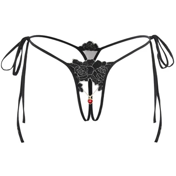 Erotinis crotchless kelnaitės seksas Nėriniai moterų crotchless thong Skaidrus Siuvinėjimo G String Tangas moterims seksualus erotiniai kaklaraištis juostos