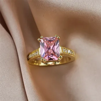 Prabanga Moteriška Rožinė Kristalų Akmens Žiedas, Žavesio Aukso Spalvos Plonas Vestuviniai Žiedai Moterims Mielas Nuotaka Aikštėje Cirkonis Vestuvinis Žiedas