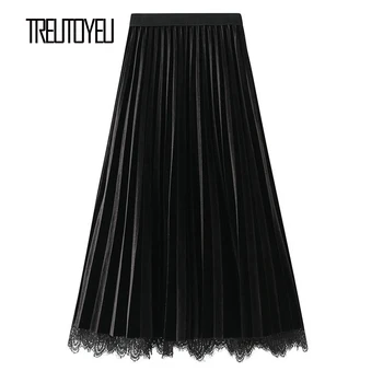 Treutoyeu Vintage Juodas Klostuotas Velvetas Nėrinių Sijonas korėjos Stiliaus Aukšto Juosmens Linijos Ilgi Sijonai Moterims 2020 Mados Jupe Femme