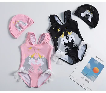 Naujas 2019 Mergaičių maudymosi kostiumai 1~10Years Mergaičių maudymosi kostiumėlį vienas gabalas Vienaragis Mergaičių maudymosi kostiumai bei kelnaitės su Skrybėlę Vaikai Paplūdimio Maudymosi kostiumas-ST120