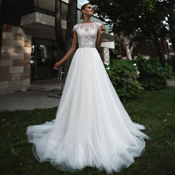 Seksualus Lace A-Line Wedding Dresses O Kaklo Bžūp Peties Mygtuką, Cut-Out Appliqued 2021 Naujų Grindų Ilgio Vestuvinės Suknelės