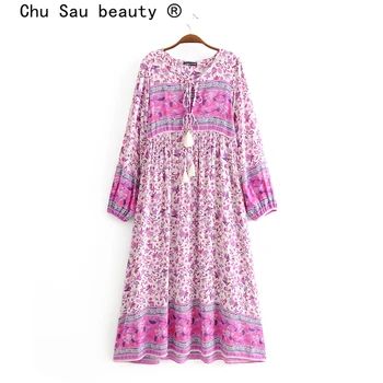 Chu Sau grožį Naujas Mados Boho Vintage 3 Spalvos Gėlių Spausdinti Prarasti Ilga Suknelė Paplūdimio Kutas Suknelės Moterų Vestido De Moda
