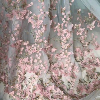Elegantiškas 3D Drugelio Nėrinių Audinys Rožinės Ir Aukso Siūlais Išsiuvinėti Vestuvių Suknelė Vestuvių Audinio Tiulio Audinio Suknelę, Kieme