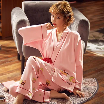 Nauja Japonų Stiliaus Moterų Pižama Pavasarį ir Rudenį Namuose Paslaugų ilgomis rankovėmis Viršuje ir Kelnės Medvilnė Saldus ir Mielas Kimono Kostiumas