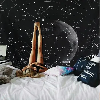 Derliaus Mėnulis Naktį Žvaigždės Dangaus Planetos Galaxy Namų Kambario Sienų Dekoras Gobelenas Kabinti, Pagalvėlė, Antklodė, Kilimų 150 x 130cm Juoda