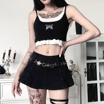 Goth Girl Punk, Gothic Camisole Moterų Drugelis Diamond Spausdinti Stebėjimo Vest Harajuku Tamsiai Streetwear Sexy Juoda Tankų Femme
