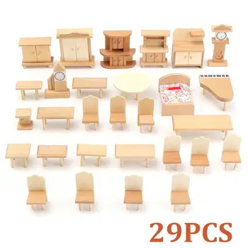 29 Vnt/Set 3D Lėlių Miniatiūriniai Modelis Unpainted Mediniai Baldai Suite 