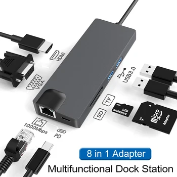 8 1 C Tipo Hub USB C iki HDMI, VGA, USB 3.0 Prievadus, SD/TF Kortelių Skaitytuvas RJ45 1000M USB-C Maitinimo Pristatymo už 