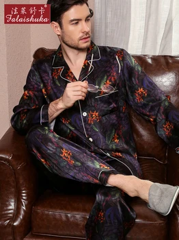 16 momme Mados šilko pižama rinkiniai mens seksualus kilnus mulberry šilkas retro ilgomis rankovėmis pižamos natūralaus šilko sleepwear vyrai