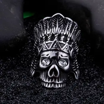 Plunksnų Karūna Indėnų Vyriausiasis Skeletas Kaukolės Mens CZ Žiedas Crystal Punk, Gothic Aukso Sidabro Spalvos Nerūdijančio Plieno Žiedai Vyrams