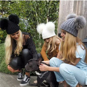 5A kokybės Dviejų fizinių Pp Pp skrybėlę Žiemos Mergaitės Berniukai Šilta Kailio Pompom Kamuolys Megzti Beanies Medvilnės variklio Dangčio vaikams
