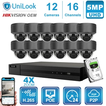 UniLook 16CH NVR 8/10/12/16Pcs Pilka 5MP 4X Zoom POE Dome IP Kameros Hikvision OEM H. 265 Saugumo Lauko CCTV NVR Rinkiniai Su HDD