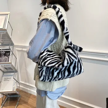 Retro Zebras Spausdinti Didelio Pečių Krepšiai Moterų 2020 Naujas Žiemos Minkštas Pliušinis Crossbody Moterų Šiltas Kailis Purus Pažasties Krepšiai bolsas