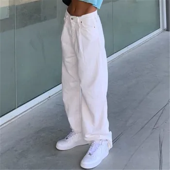Weekeep Plisuotos Balta Kieta medžiaga, Moterų Džinsus Streetwear Didelis Juosmens Mygtuką Džinsinio audinio Kelnės Derliaus Tiesiai Harajuku Pagrindinio Kelnės