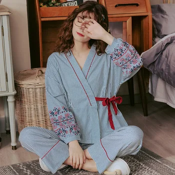 3xl Kimono Yukata Pižama Nustatyti, Ilgos Rankovės, Ilgos Kelnės Sleepwear Plius Dydis Medvilnė Pjs Moteris Homesuit Homeclothes Dryžuotas