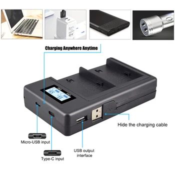SOONHUA Dual Channel USB Akumuliatoriaus Kroviklis Smart, LCD Baterijos Įkrovikliai 5V 2.1-A, NP-F970 Fotoaparato Baterijos