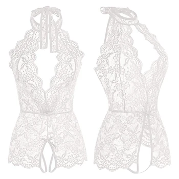 Moterų Nėriniai Crotchless Bodysuit apatinis Trikotažas Babydoll naktiniai drabužiai Seksualus Gilus V G-string Atvira Tarpkojo Sleepwear Skaidriai