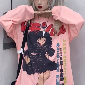 Harajuku Marškinėlius Streetwear Japonijos Anime marškinėliai Moterims Mielas Animacinių filmų Spausdinti Marškinėlius Streetwear Juokinga Atsitiktinis Rožinė Negabaritinių T Shirts
