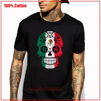 Cukraus Kaukolės su Rožių ir Vėliava, Meksika Marškinėlius Medvilnės Camiseta Originalumas Trumpas Rankovėmis Tee Viršūnes didelis dydis, t marškiniai vyrai