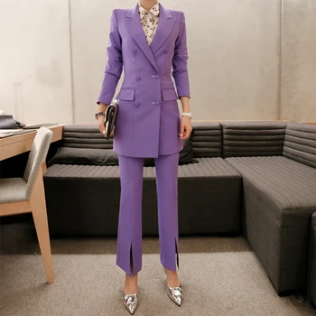 Moterų Kelnės, Kostiumai Verslo ilgas Kostiumai Švarkas Švarkas Dvigubo Breasted Moterų Office Lady Oficialų ziajać kostiumai violetinė 2 dalių Komplektas