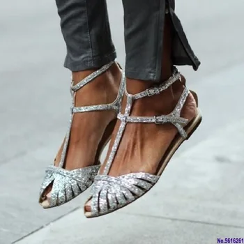 Moterų sandalai gladiatorių t susieta peep toe paplūdimio butas batai ponios sexy sidabro china bling romos sandalai didelis dydis sandalias mujer