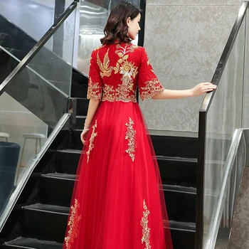 Raudona Šalies Vakarą Ilgai Cheongsam Retro Slim Suknelė Santuokos Suknelė Kinų Stiliaus Vestuvių Qipao Lady Drabužius kimono skraiste Oficialų Suknelė