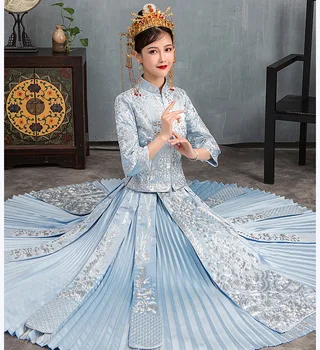 Mėlyna Moterų Siuvinėjimo Vestuvių Qipao Vyrų Kinijos Derliaus Santuokos Cheongsam Kostiumas Gėlių Elegantiškas Azijos Nuotakos Suknelė Suknelė