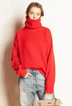 J. DeL ' or moterų aukštos kokybės vilnos megztinis golfo kaklu negabaritinių stiliaus vientisa spalva