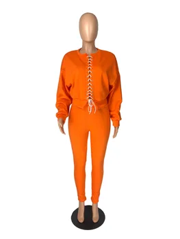 Rudenį 2020 komplektai moterų atitikimo rinkiniai Kryžiaus nėriniai-up palaidinukė+sweatpant sweatsuit Juoda oranžinė geltona žalia prakaito kostiumai