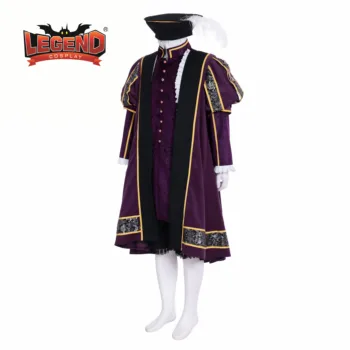 Karalius henrikas Tudor Laikotarpį Viduramžių Vyrai cosplay violetine apranga viešpats karalius vyriški Kostiumai tudor tunika kailio kepurę