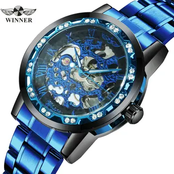 NUGALĖTOJAS Asmenybės Dizainas Blue Classic Skeletas Mechaninė Patvarus Nerūdijančio Plieno Dirželis Mados Atsitiktinis Vyrų Laikrodis 454G