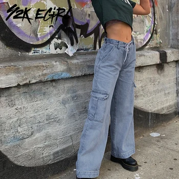 Y2K EGIRL Hip-Hop Stiliaus Aukšto Juosmens Krovinių Kelnės Derliaus 90s Streetwear Pločio Kojų Demin Atsirišo Džinsai Rudenį Atsitiktinis Nuosėdos Moterims