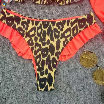 Para Praia Leopard Ilgomis Rankovėmis Bikini Rinkinys Sexy Sluoksniuotos Rankovėmis Akių Bikini Seksualus Push-Up Maudymosi Kostiumėliai, Thong Maudymosi Kostiumėlį, Nėriniai Maudymosi Kostiumas