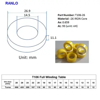 T106-26 27*14.2*11mm Geležies Galios Branduolių induktyvumo geltona/balta padengtas ferito žiedas core AL 93nH 27.0mmx14.0mmx11mm
