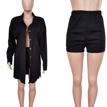 Streetwear Atsitiktinis Moterų Set 2 Gabalas Komplektai Moterų Single-breasted Ilgas Kailis ir Šortai Seksualus Dviejų dalių Komplektas Atitikimo Rinkiniai