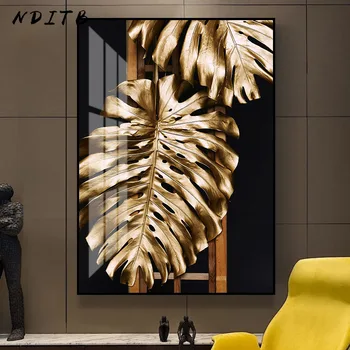 Abstrakti Aukso Lapų Monstera Drobės Tapybos Minimalistinio Meno, Plakato ir Spausdinimo Modernios Sienos Nuotrauka Kambarį Koridoriaus Dekoras