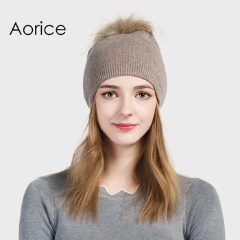 Pudi moterų žiemą šilta megzta kepurė bžūp beanies su realiais meškėnas kailių kamuolys hk702